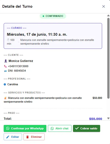 Vista detalle de un turno con acciones rápidas en Turnoclick